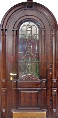 Арочная металлическая дверь массив со стеклом и ковкой ДА-50 в Павловском Посаде