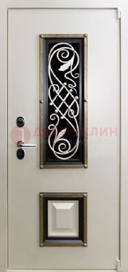 Белая стальная дверь с ковкой со стеклопакетом и МДФ ДК-30 в Павловском Посаде
