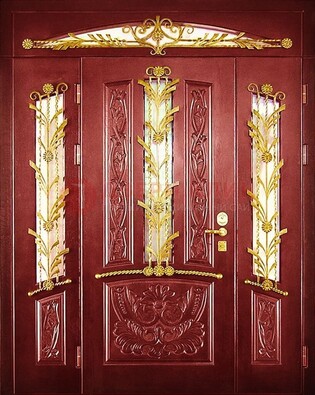 Бордовая железная парадная дверь со стеклом и ковкой ДПР-75 в Павловском Посаде