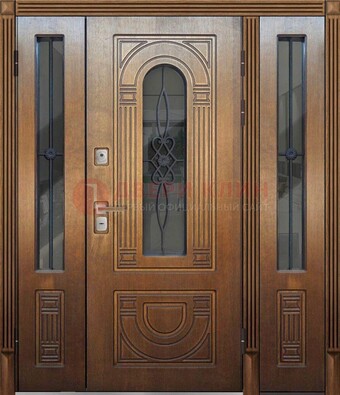 Коричневая стальная парадная дверь с фрамугой ДПР-84 в Павловском Посаде