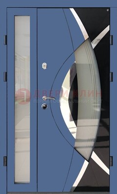Синяя металлическая дверь со стеклом и узором ДС-13 в Павловском Посаде