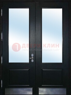 Черная двухстворчатая металлическая дверь со стеклом ДС-25 в Павловском Посаде