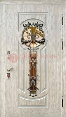 Светлая железная дверь со стеклом ковкой для коттеджа ДСК-134 в Павловском Посаде