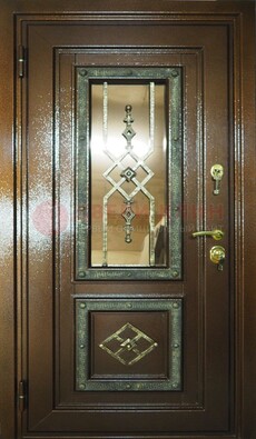 Теплая входная дверь со стеклом и ковкой разноцветной ДСК-13 в Павловском Посаде