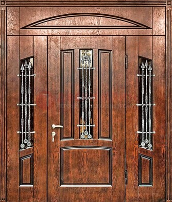Стальная дверь со стеклом и ковкой с фрамугами ДСК-149 коричневая в Павловском Посаде