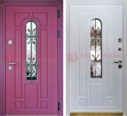Розовая металлическая дверь со стеклом и ковкой ДСК-151 в Павловском Посаде