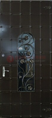 Высокая железная дверь со стеклом и ковкой ДСК-15 в Павловском Посаде