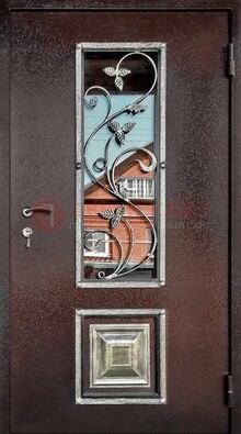 Коричневая стальная дверь порошок со стеклом и ковкой ДСК-163 в Санкт-Петербурге