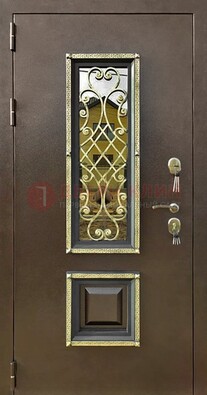 Входная дверь порошок со стеклом и ковкой для коттеджа ДСК-166 в Павловском Посаде