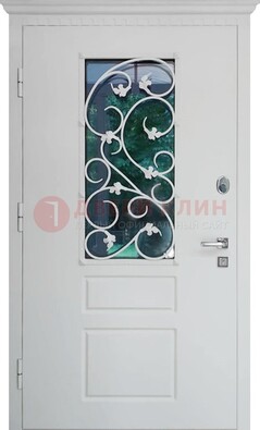 Белая металлическая дверь винорит со стеклом и ковкой ДСК-184 в Павловском Посаде