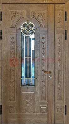 Полуторная стальная дверь стекло с ковкой и узором ДСК-200 в Павловском Посаде