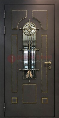 Темная входная дверь Винорит со стеклом и ковкой ДСК-211 в Павловском Посаде