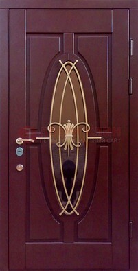 Бордовая стальная дверь Винорит со стеклом и ковкой ДСК-263 в Павловском Посаде