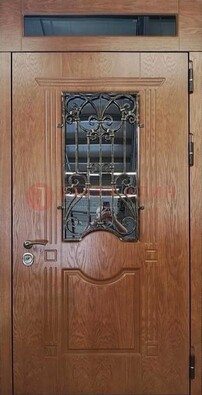 Металлическая входная дверь со стеклом и ковкой для дома ДСК-96 в Павловском Посаде