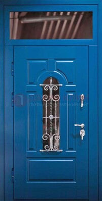 Синяя железная филенчатая дверь со стеклом и ковкой ДСК-97 в Павловском Посаде