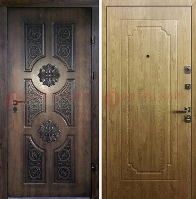 Железная коричневая дверь с виноритом и Золотой дуб внутри ДВТ-101 в Павловском Посаде