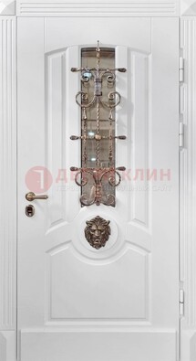 Белая металлическая дверь с виноритом и стеклом с ковкой ДВТ-165 в Павловском Посаде