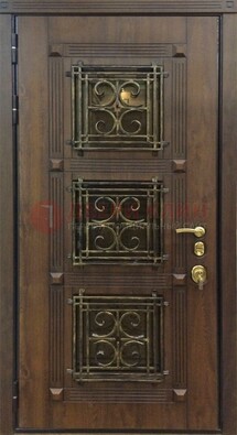 Коричневая металлическая дверь с виноритом и ковкой ДВТ-199 в Павловском Посаде