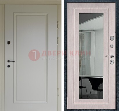 Стальная светлая дверь c МДФ Белый дуб с зеркалом ДЗ-102 в Химках