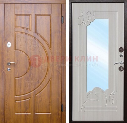 Коричневая металлическая дверь c МДФ с узором и зеркалом ДЗ-105 в Павловском Посаде