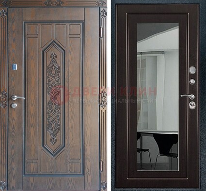 Уличная коричневая дверь c виноритом и МДФ Венге с зеркалом ДЗ-116 в Павловском Посаде