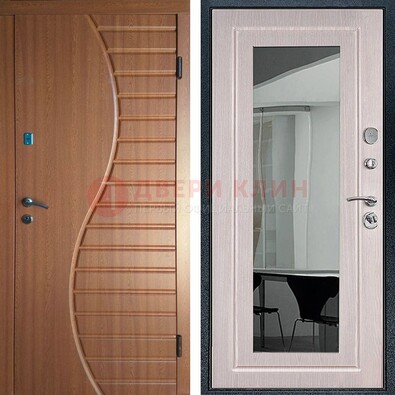 Коричневая железная дверь c виноритом и  МДФ Белый дуб с зеркалом ДЗ-118 в Павловском Посаде