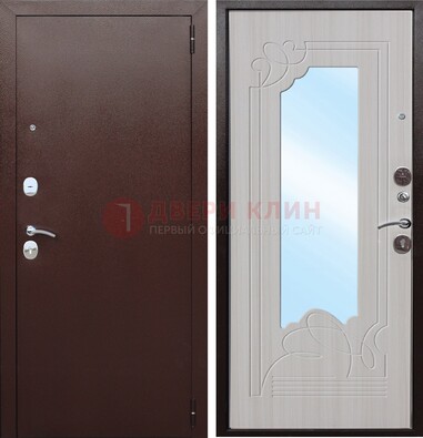Коричневая металлическая дверь с зеркалом МДФ внутри ДЗ-33 в Павловском Посаде