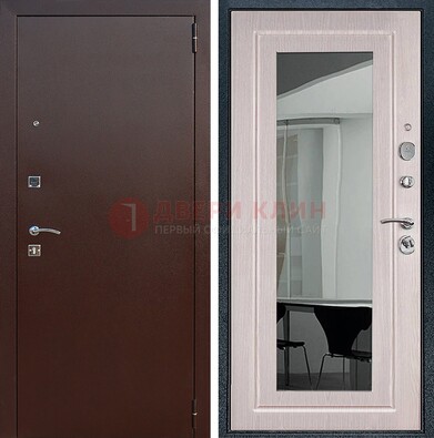 Входная дверь с порошковым напылением Медный антик/Белый дуб с зеркалом ДЗ-63 в Павловском Посаде