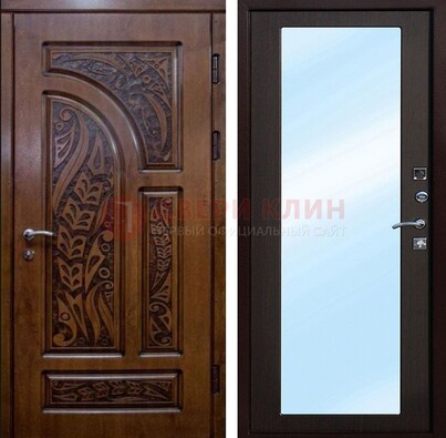 Коричневая входная дверь c узором и виноритом МДФ с зеркалом ДЗ-98 в Павловском Посаде