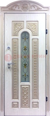 Белая железная дверь с МДФ и витражом ВЖ-26 в Павловском Посаде