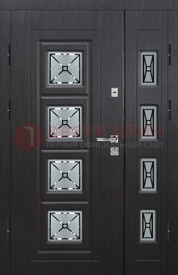 Чёрная двухстворчатая железная дверь с МДФ и витражом ВЖ-35 в Павловском Посаде