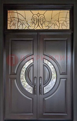 Чёрная двухстворчатая железная дверь с МДФ и витражом ВЖ-38 в Павловском Посаде