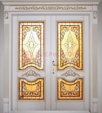 Элитная металлическая дверь с витражом и отделкой массив ВЖ-4 в Павловском Посаде